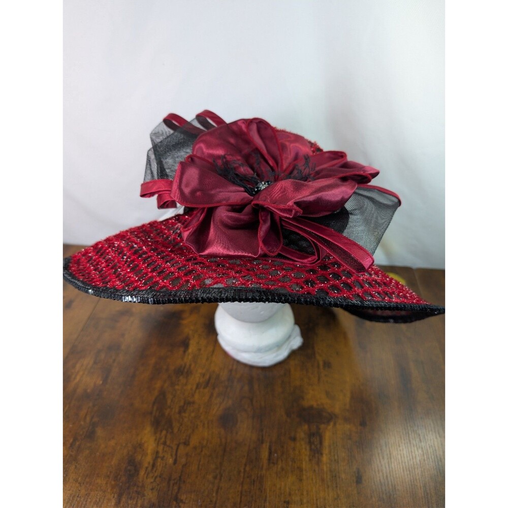 NWT FS Professional Ladies Hat Red Black Wide Brim Kentucky Derby Church Tea